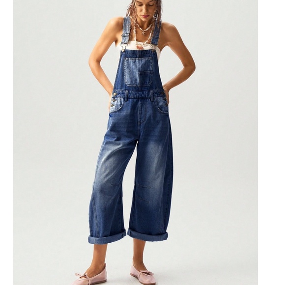 Boho Dark Wash Paisley print Button Wide Leg Denim Bib Overalls - Picture 1 of 12